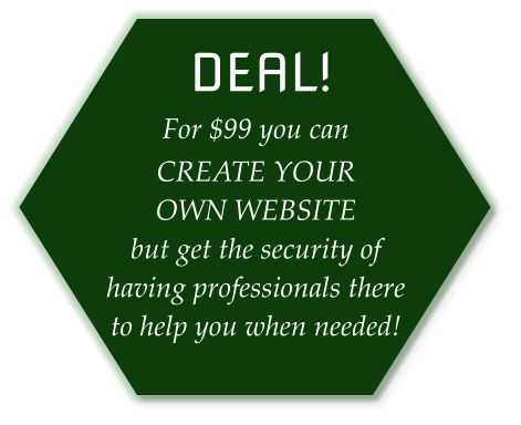 For $99 you can  CREATE YOUROWN WEBSITEbut get the security of having professionals there to help you when needed!  DEAL!