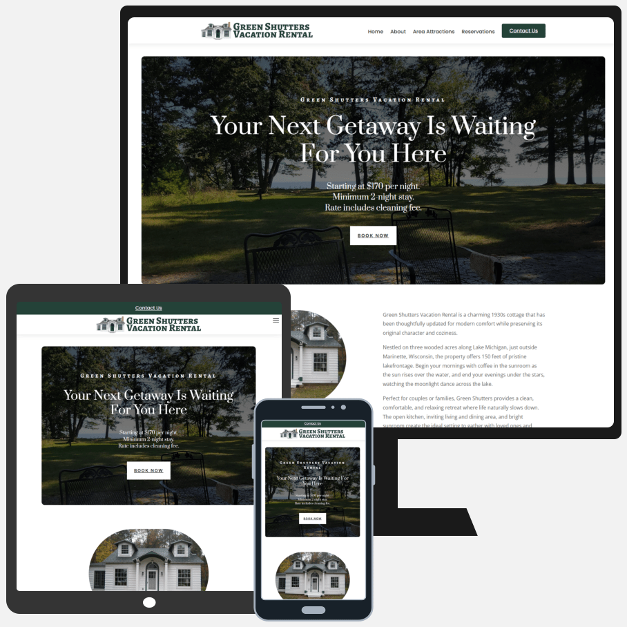 New Website for Green Shutters Vacation Rental Marinette Wisconsin New Website for Green Shutters Vacation Rental Marinette Wisconsin