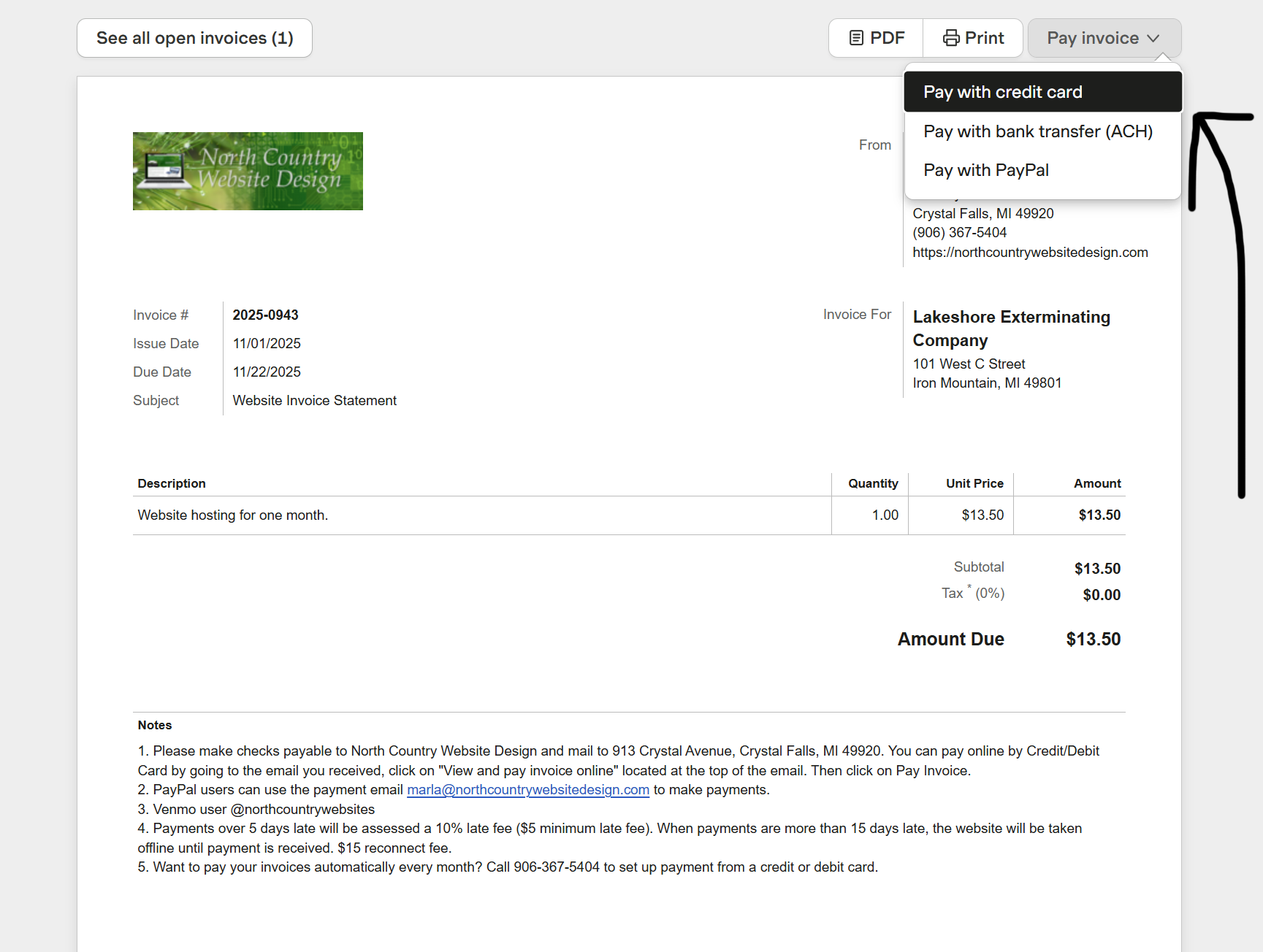 Payment instructions screenshot showing Pay Invoice dropdown choices