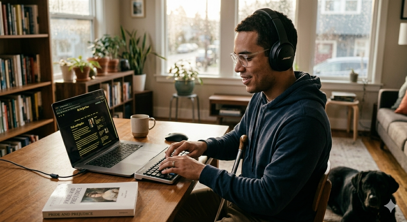 Blind user interacting with a screen reader. The image features specific accessibility technology, including a refreshable Braille display and a high-contrast monitor, with a focused atmosphere to highlight the technology in use.