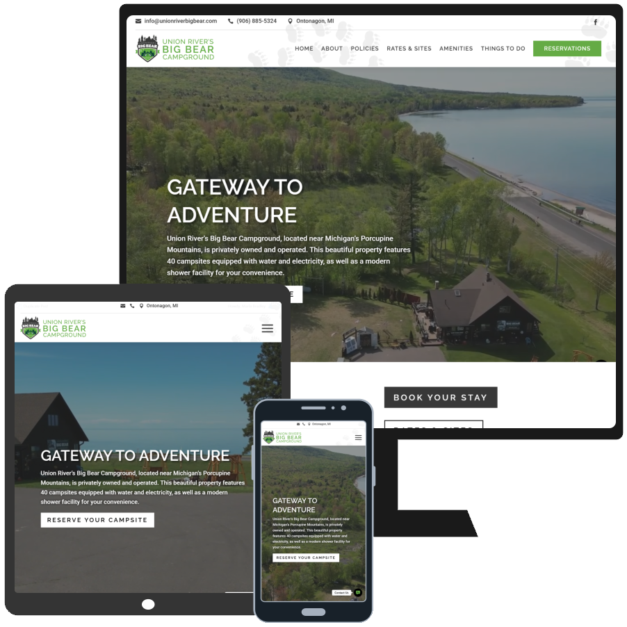 After: Union River Big Bear Campground website after the transformation from this Upper Peninsula of Michigan Website Design Company.
