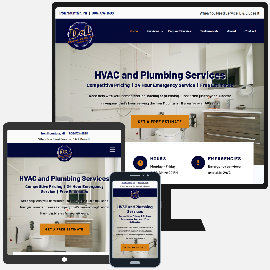 Custom Website Tablet Mobile Website Design D and L Plumbing Heating New Website for D&L Plumbing, Heating, and Air Conditioning in Dickinson County