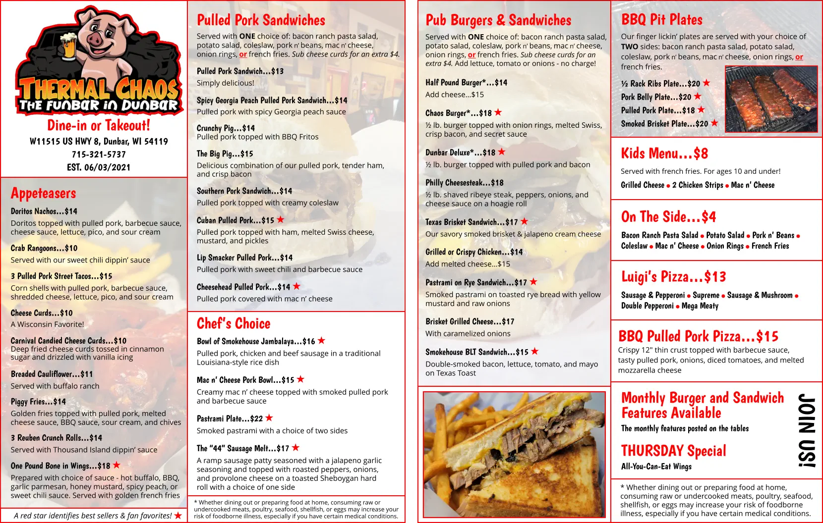 Menu Graphic Design (Front and Back) Custom Menu design, print, and laminate or Thermal Chaos in Dunbar, Wisconsin