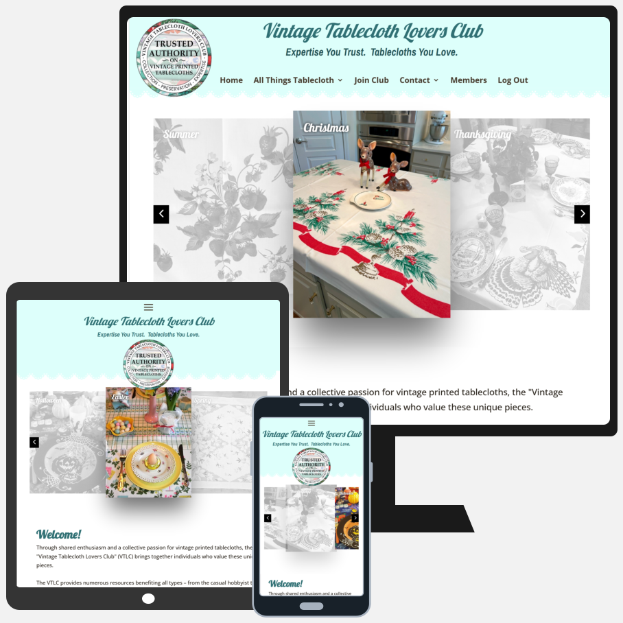 Vintage Tablecloth Lovers Club New Website Design with Member-Password-Protected Pages.