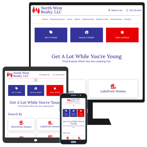 The new desktop, tablet, and mobile site after the website was rebuilt for North West Realty in Baldwin, Michigan