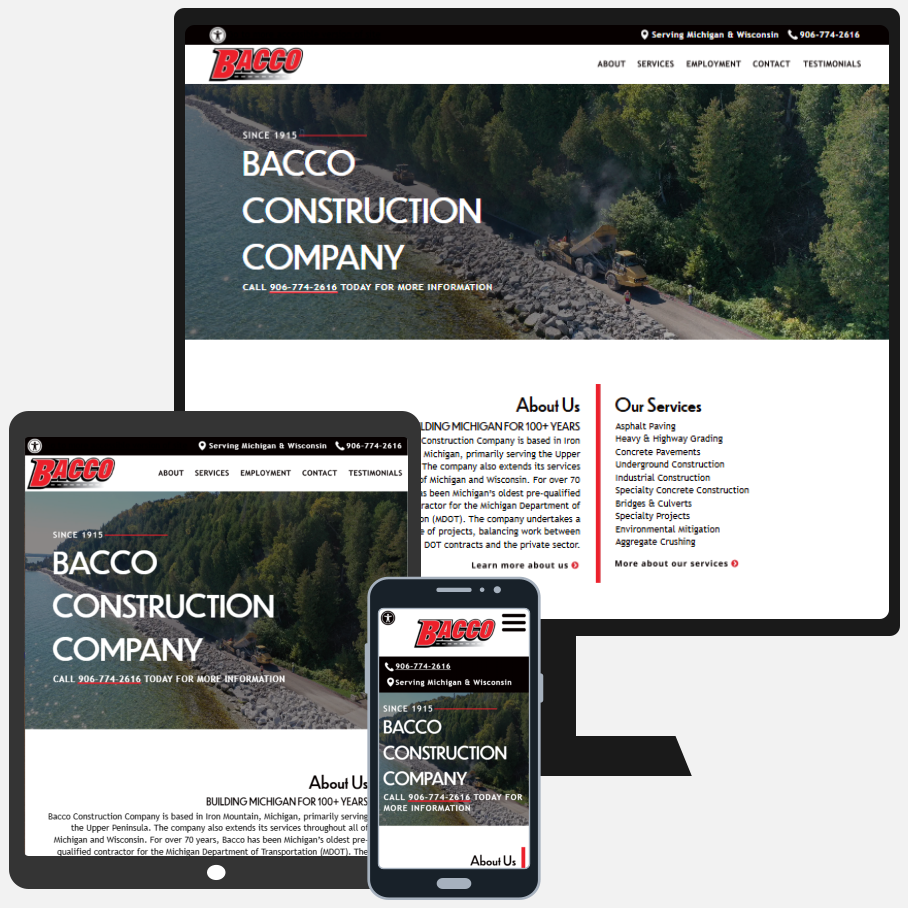 New Construction Website for Bacco Construction Company in Iron Mountain, Upper Peninsula of Michigan